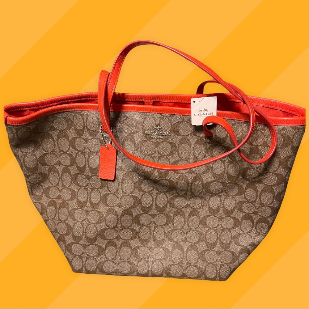 NWT Coach Large Brown Signature Canvas & Orange Leather Satchel Tote